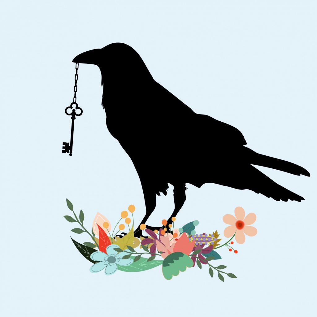 Raven with Flowers and Key