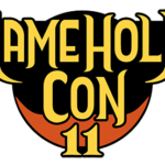 Game Hole Con 11 logo. The words are in fancy gold text outlined in black. Sits on an orange circle.