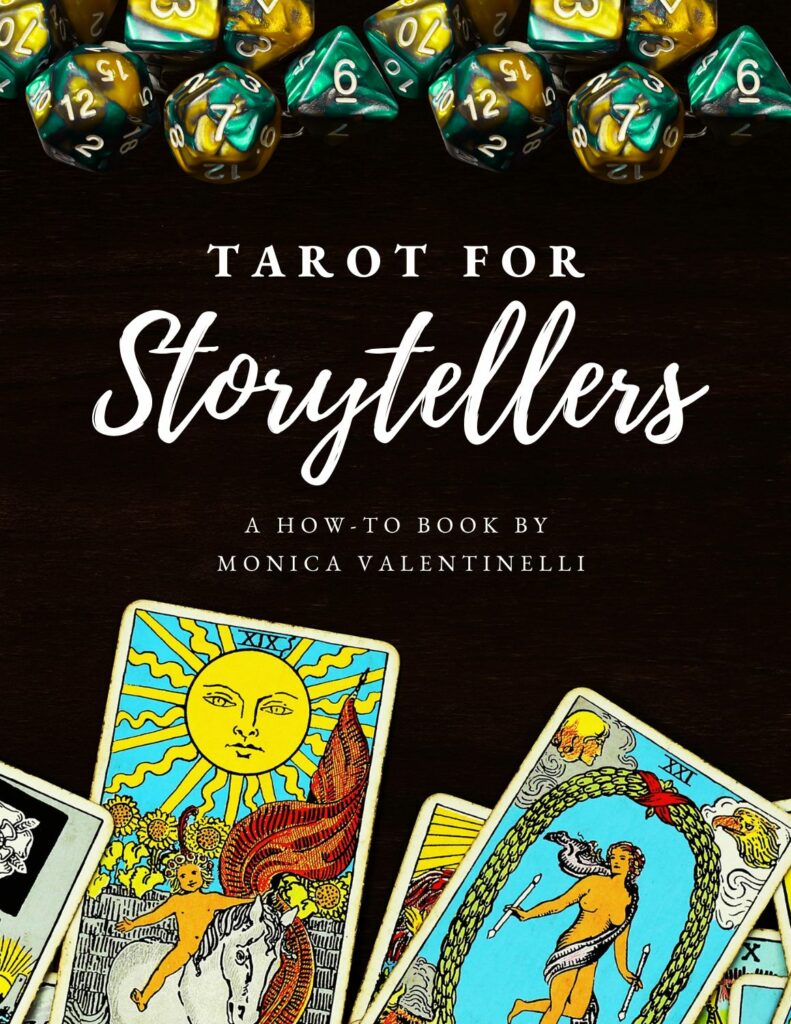 Tarot for Storytellers | a how-to book | photo of dice in various sizes | illustration of The Sun and The World tarot cards